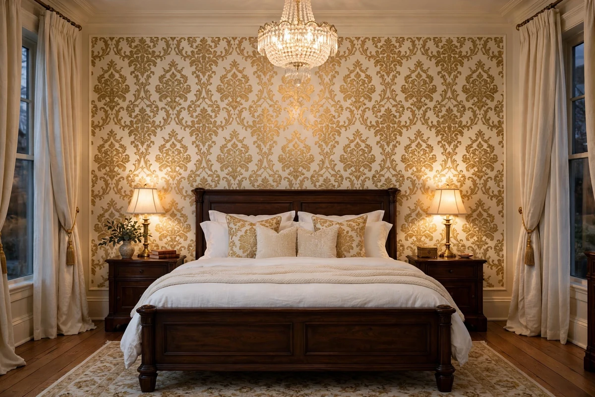Traditional bedroom accent wall with cream and gold damask wallpaper