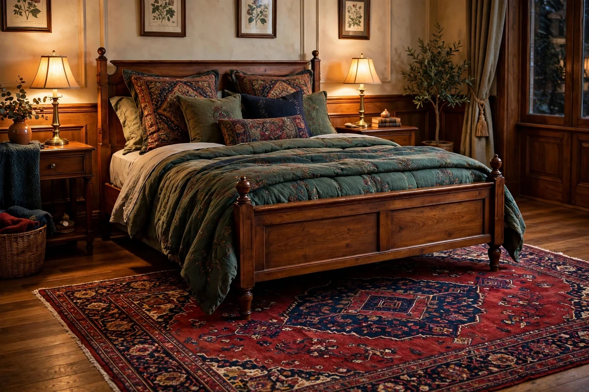 Hand-knotted oriental rug with deep reds layered under a classic wooden bed