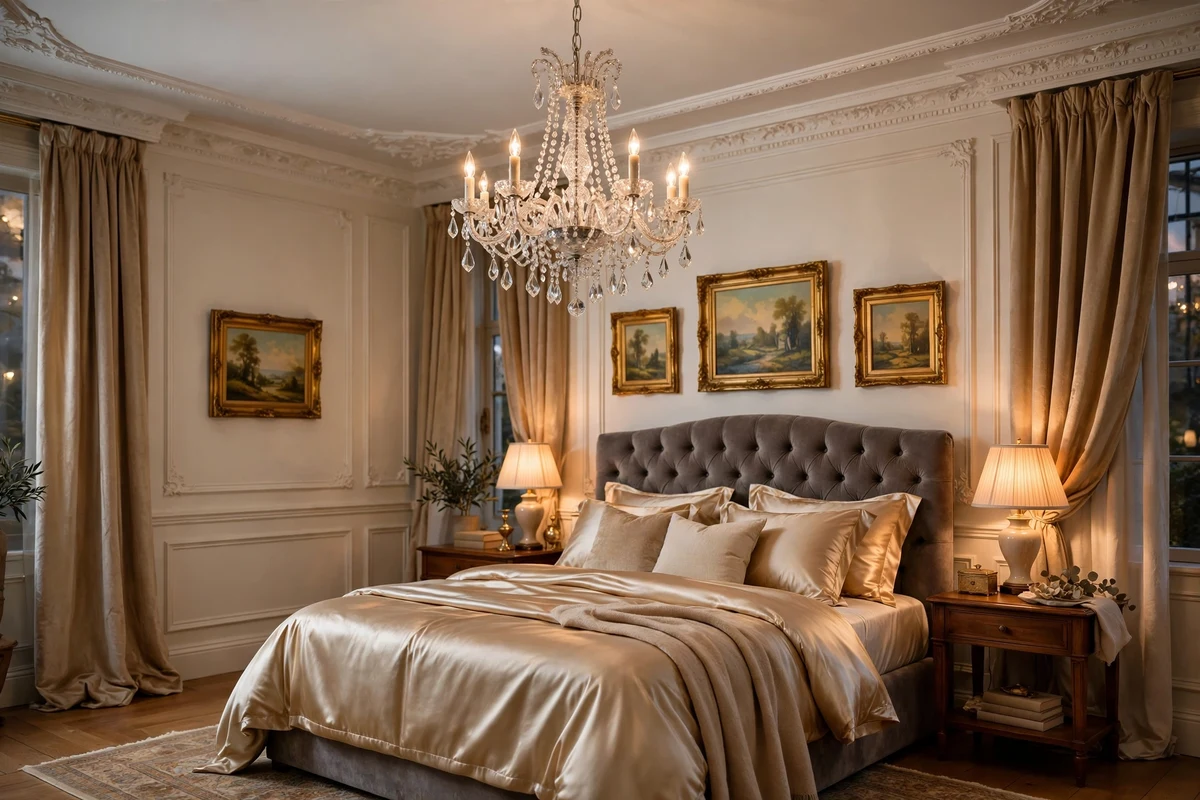 Crystal chandelier glowing above a traditional bedroom with tufted headboard