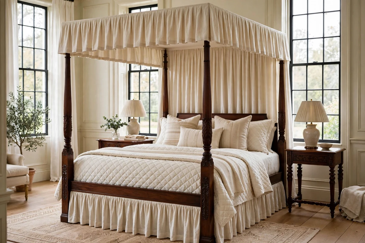 Classic canopy bed with tailored pleated valance and carved wood posts
