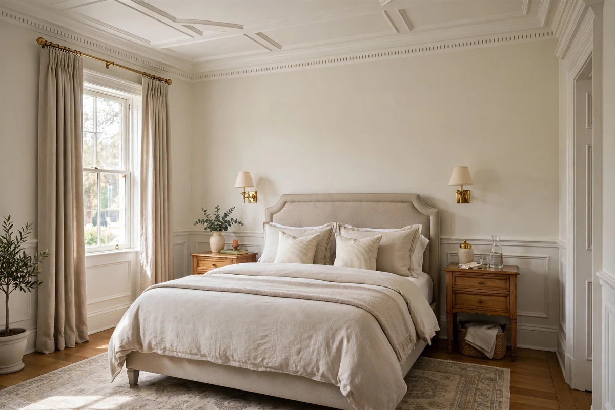 Traditional bedroom with white wainscoting, chair rail and crown molding