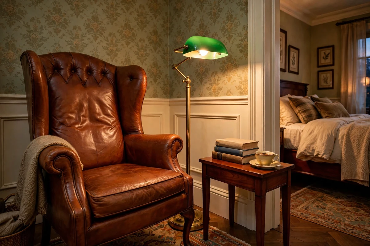 Leather wingback reading chair with brass floor lamp in a traditional bedroom corner
