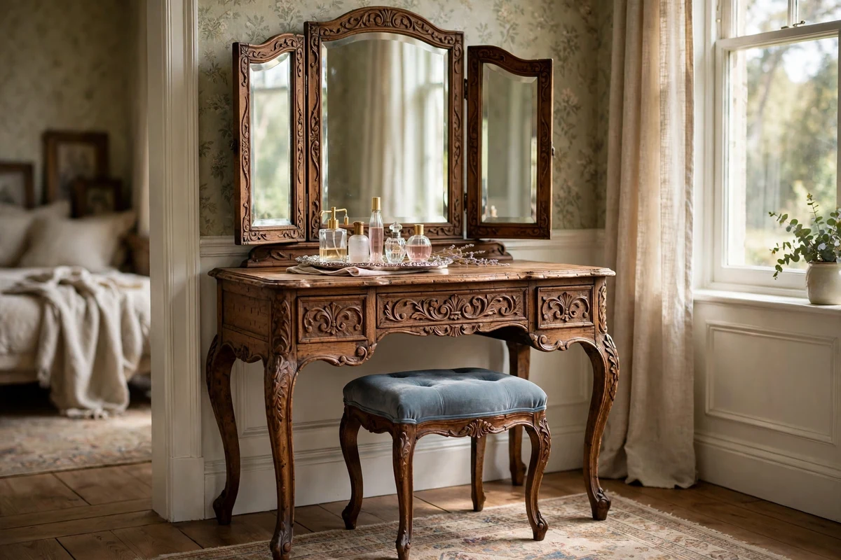 Antique carved wood vanity with tri-fold mirror and upholstered stool