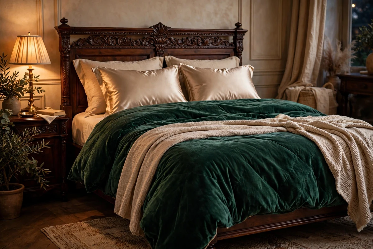 Emerald green velvet bedding with silk pillows on a traditional carved wood bed