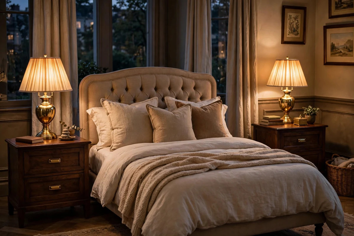 Pair of brass table lamps with pleated silk shades glowing on dark wood nightstands
