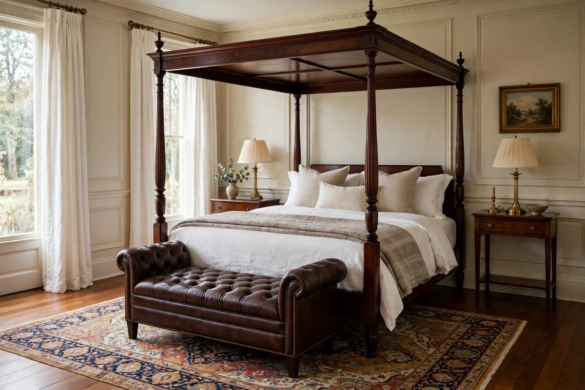 Tufted leather bench at the foot of a traditional four-poster bed