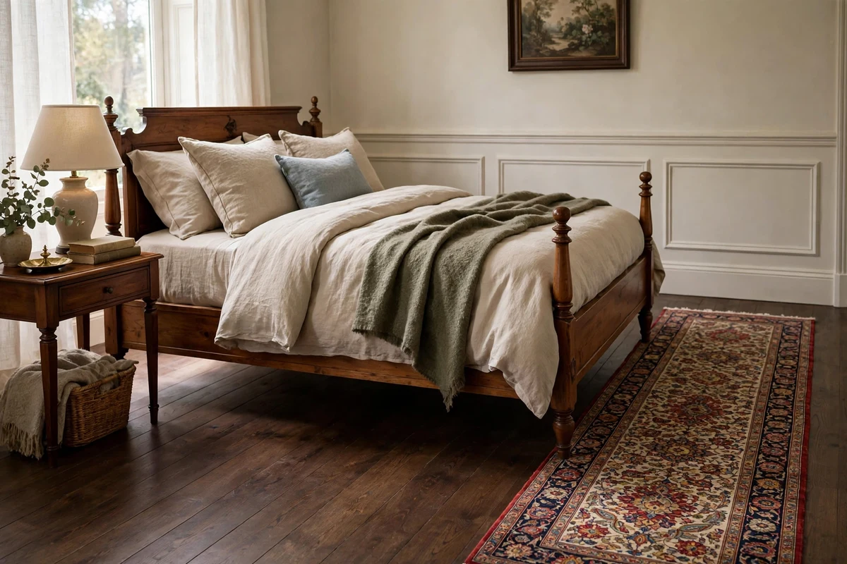 Persian runner rug with intricate pattern along the side of a traditional bed