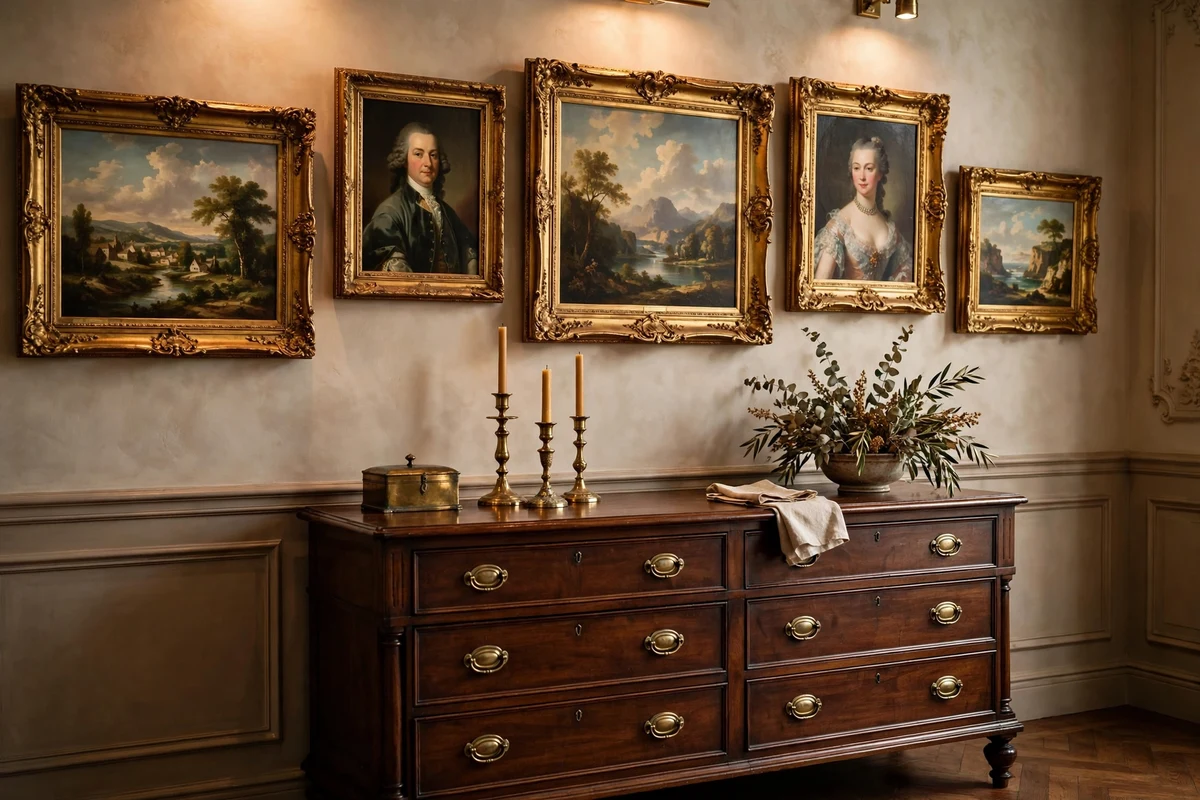Classical oil paintings in gilded frames hung above a traditional wooden dresser