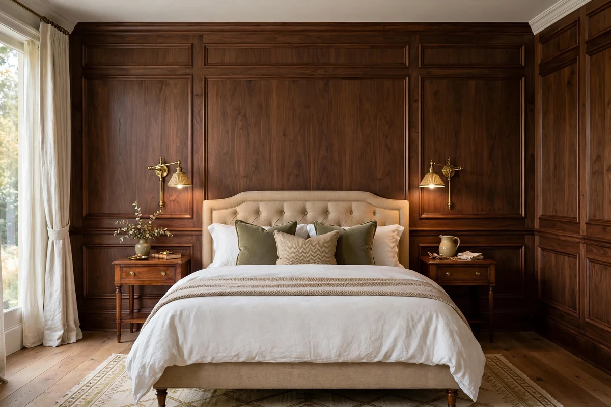 Walnut wood paneled wall behind a traditional upholstered bed with brass sconces