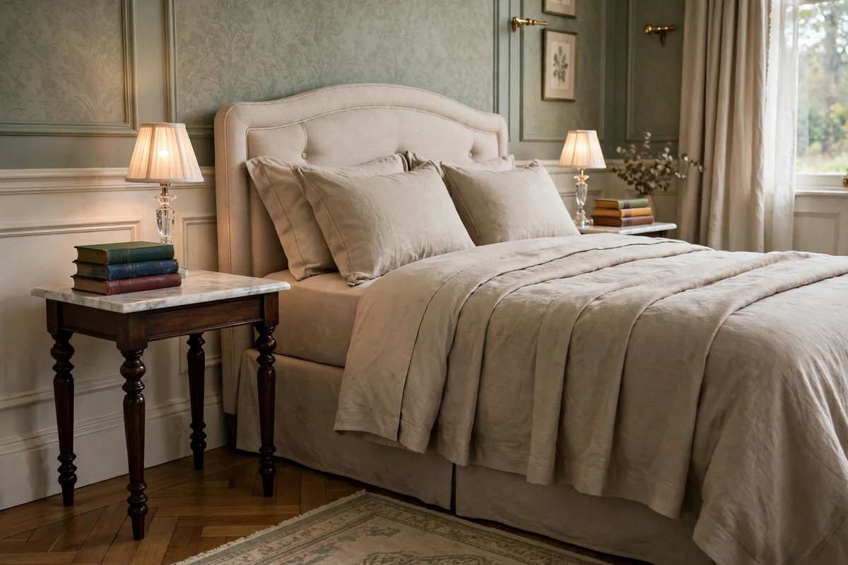 Marble-top nightstands with turned wood legs, crystal lamp and classic books