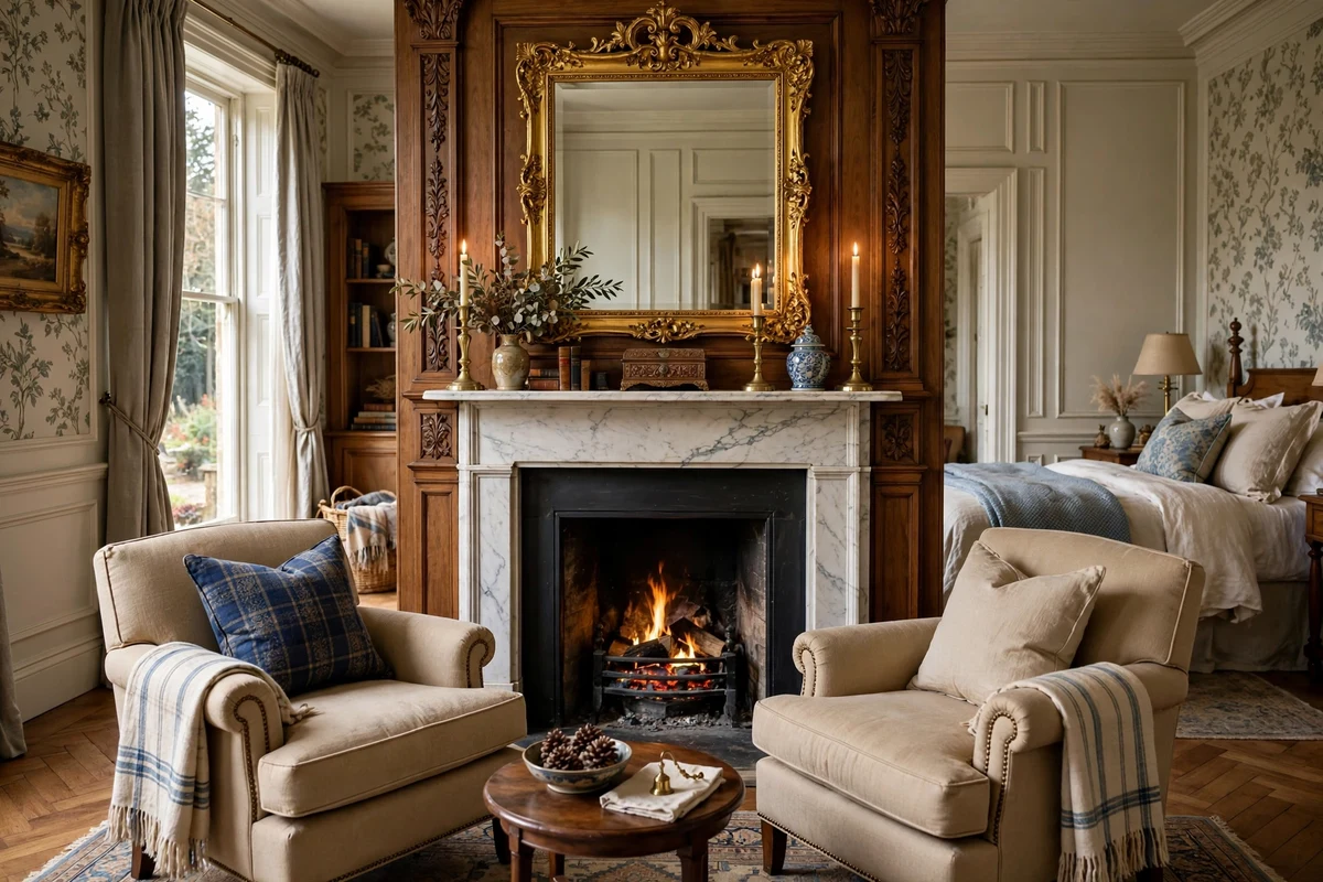 Traditional bedroom with marble fireplace mantel and carved wood surround