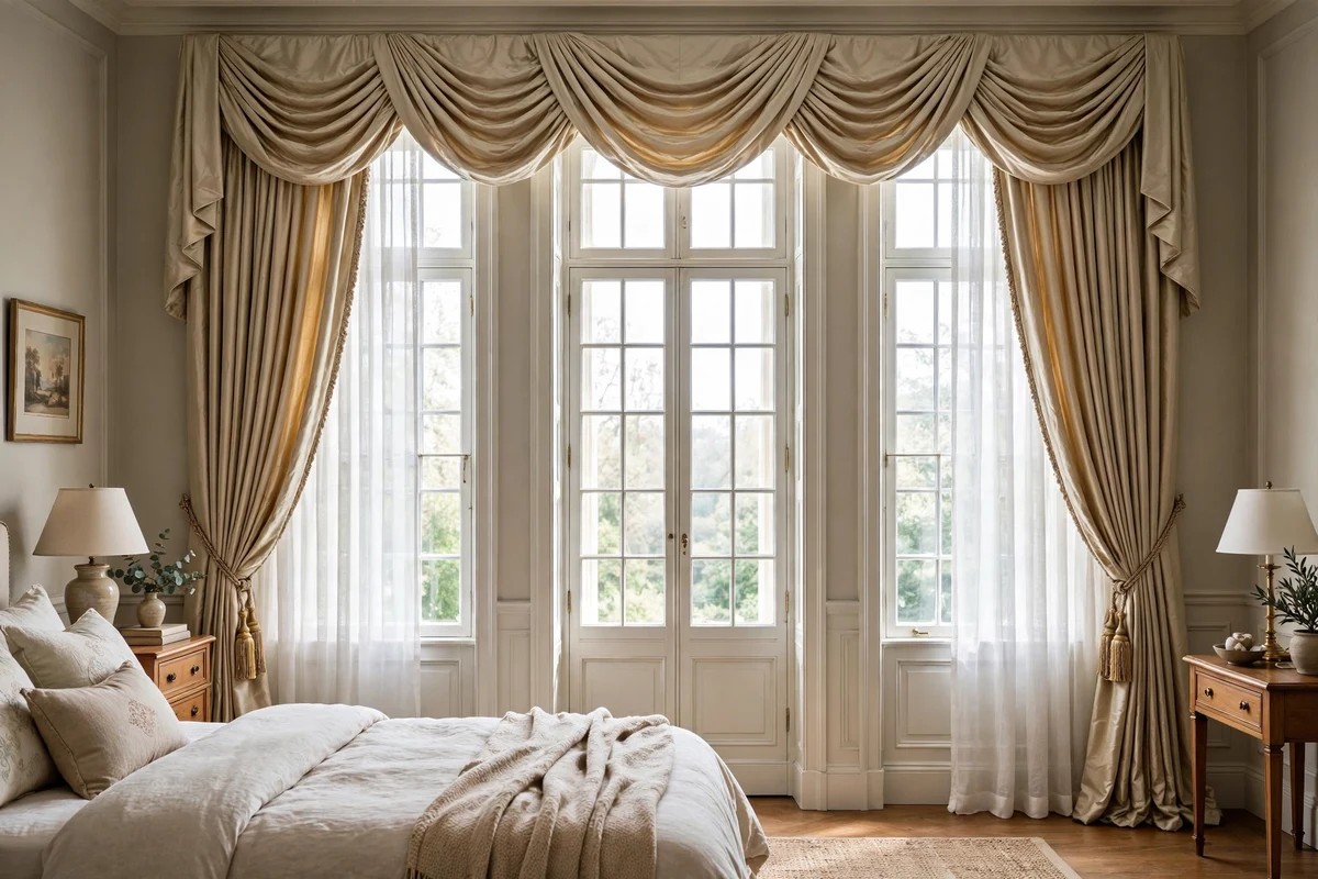 Floor-length draped curtains with swag valance and tassel tiebacks in a traditional bedroom