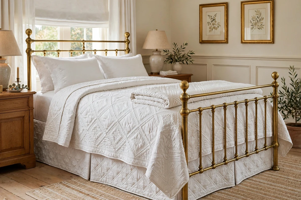 Hand-quilted coverlet with intricate stitching and tailored bed skirt on a brass bed