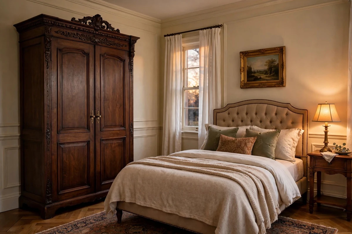 Tall dark wood armoire with carved details and brass handles in a traditional bedroom