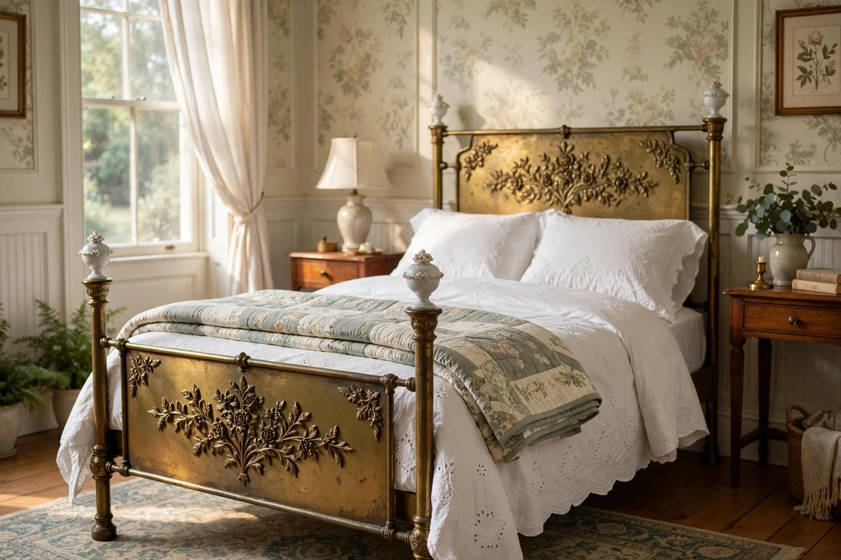 Antique brass bed frame with porcelain finials and white eyelet bedding