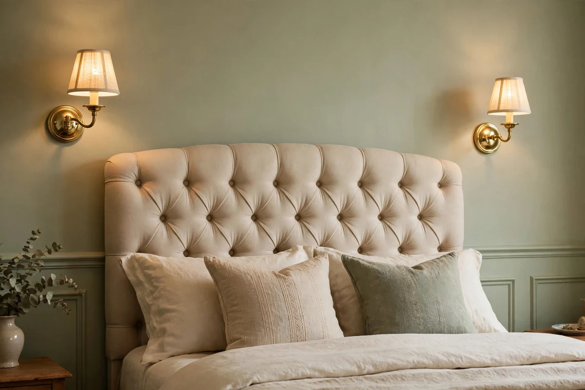 Brass wall sconces with fabric shades flanking a tufted headboard