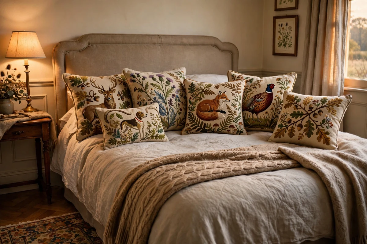 Needlepoint and embroidered throw pillows with heritage patterns on a traditional bed