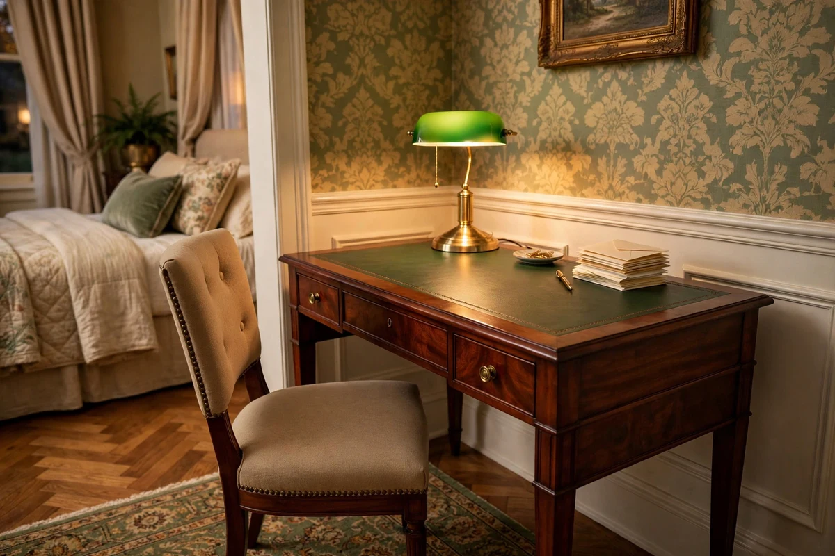 Classic mahogany writing desk with leather inlay and brass bankers lamp in a bedroom corner