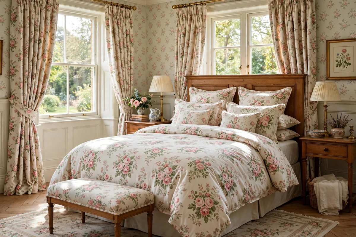 Floral chintz bedding with matching curtains in a traditional English style bedroom