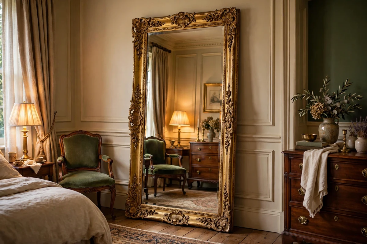 Tall cheval mirror with ornate gilded frame in a traditional bedroom