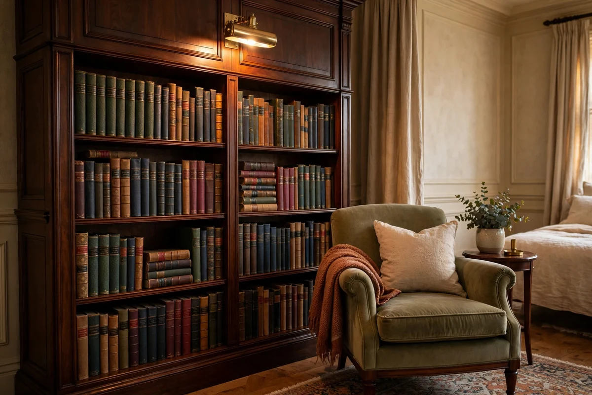 Dark wood bookcase filled with classic hardcover books in a traditional bedroom corner