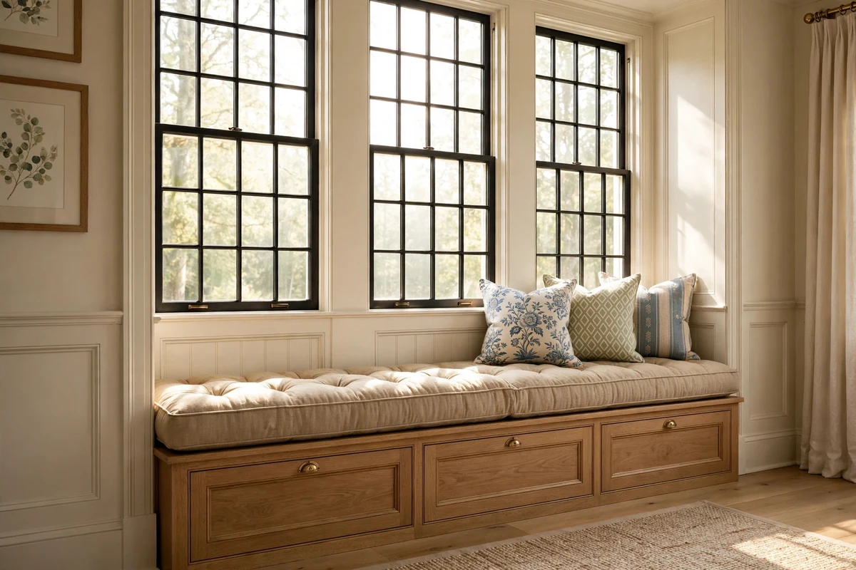 Upholstered window seat with tufted cushion and throw pillows beneath tall windows