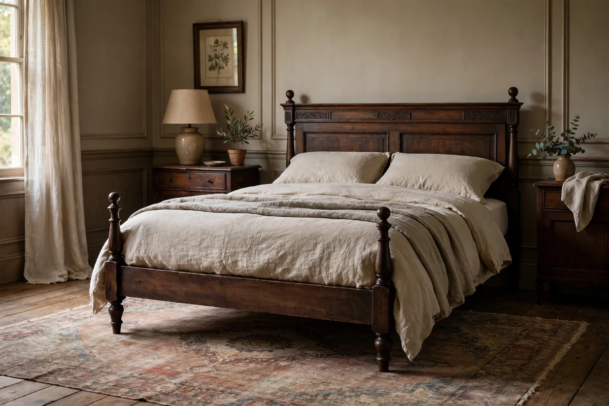 Worn antique rug with faded medallion pattern and soft patina under a traditional bed