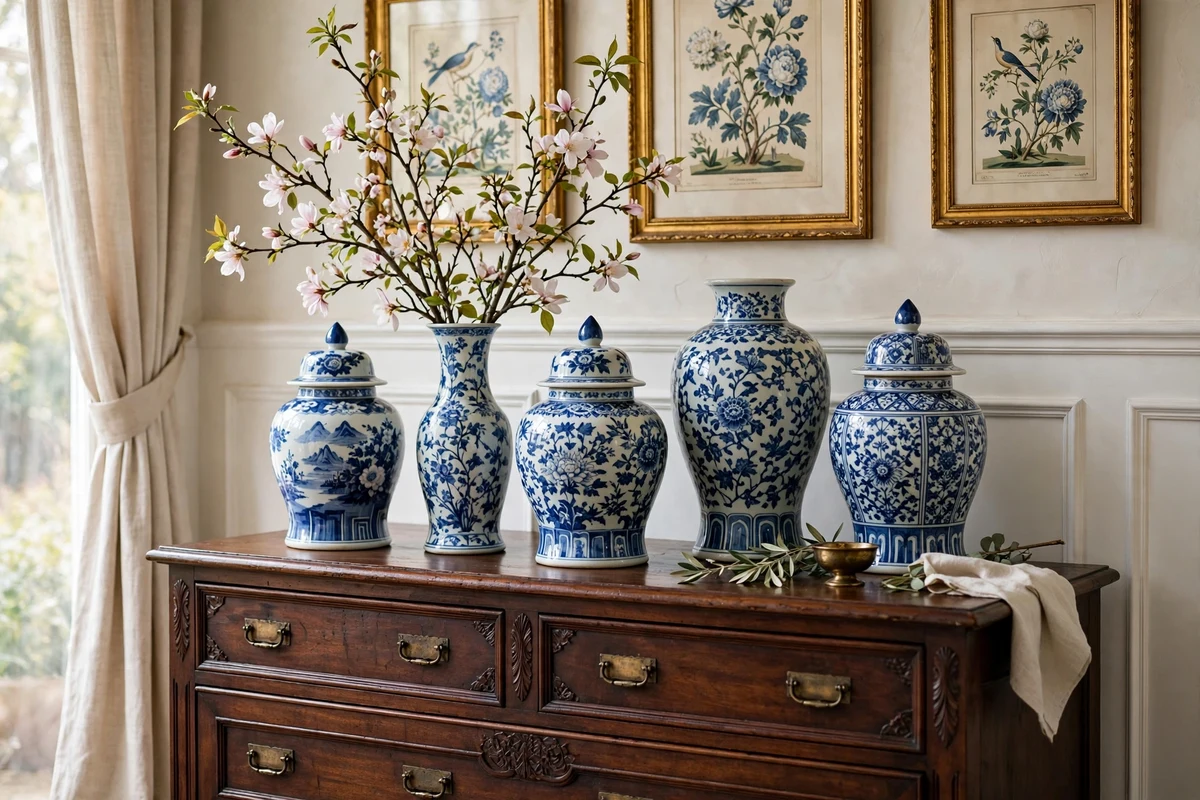 Blue and white chinoiserie porcelain vases and ginger jars on a traditional dresser