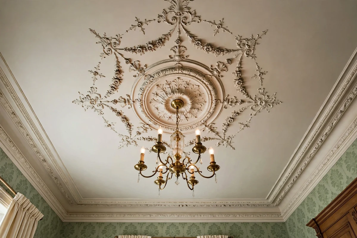 Ornate plaster ceiling medallion around a brass chandelier in a traditional bedroom