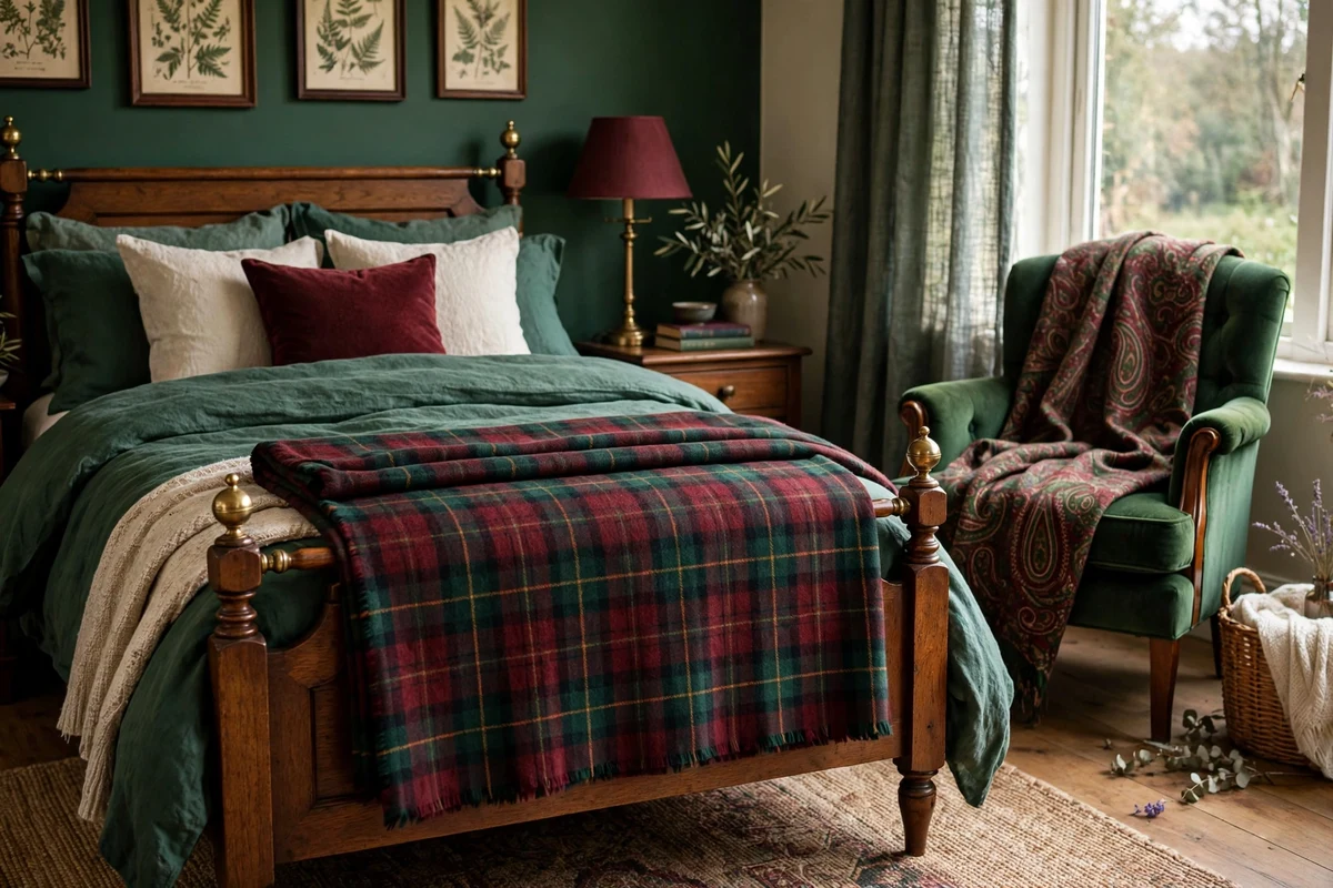 Heritage plaid and paisley throw blankets draped over a traditional bed and armchair