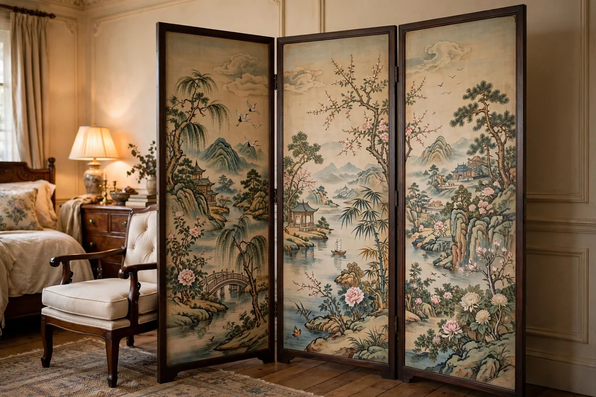Three-panel folding dressing screen with hand-painted chinoiserie scenes in a bedroom corner