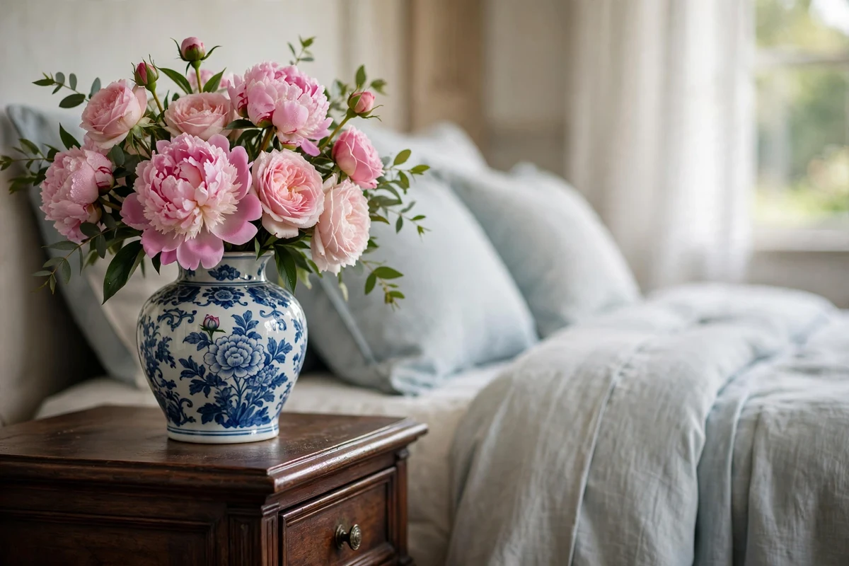 Fresh peonies and garden roses in a classic porcelain vase on a traditional nightstand