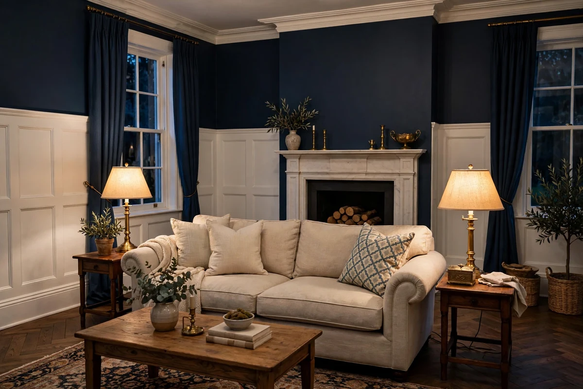 Traditional living room with white wainscoting panels and navy upper walls