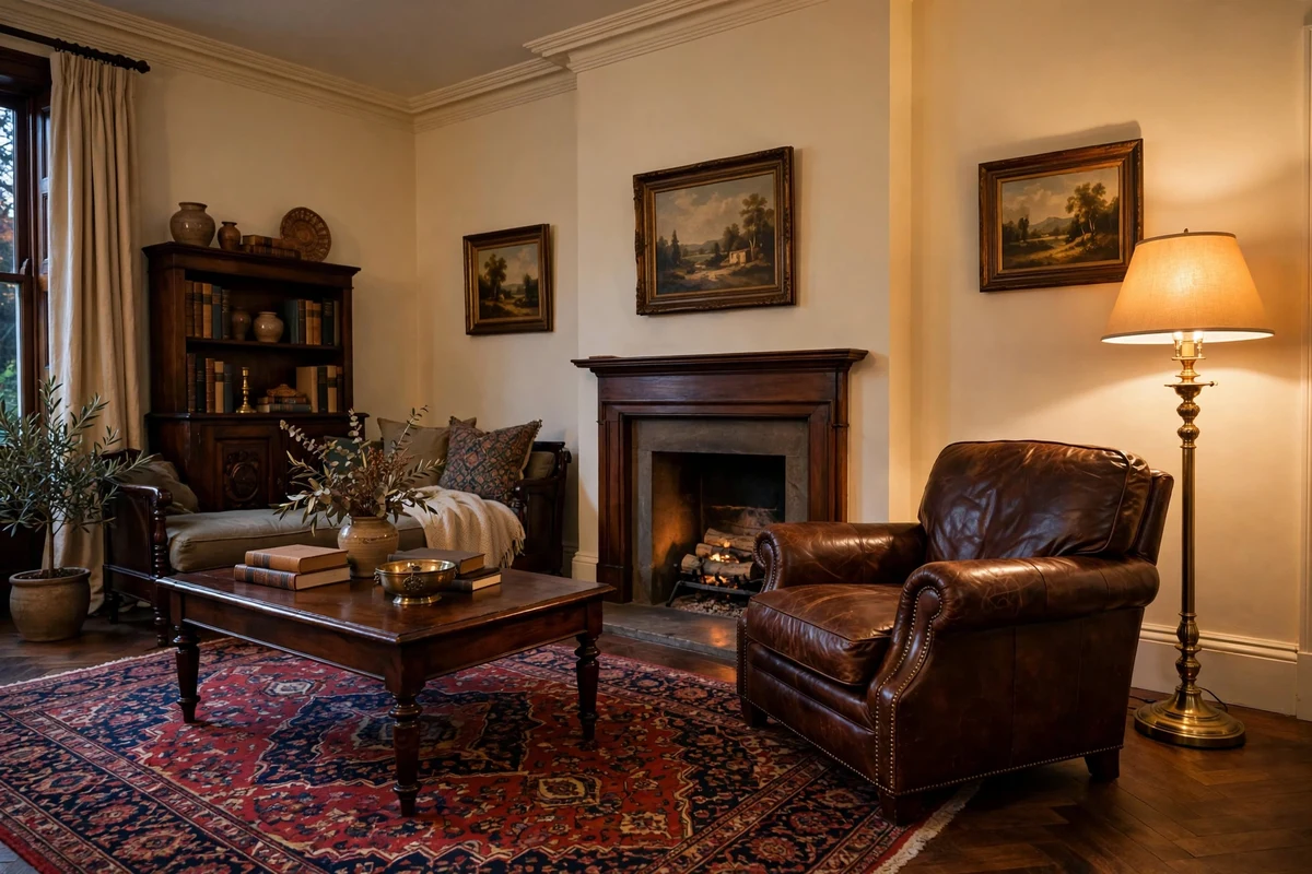 Traditional living room with warm cream walls and wood furniture