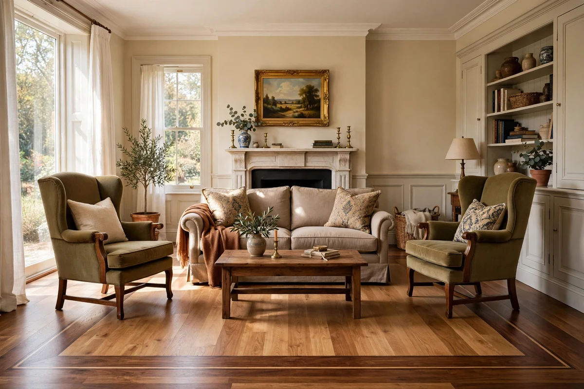 Traditional living room with hardwood floors and dark border inlay