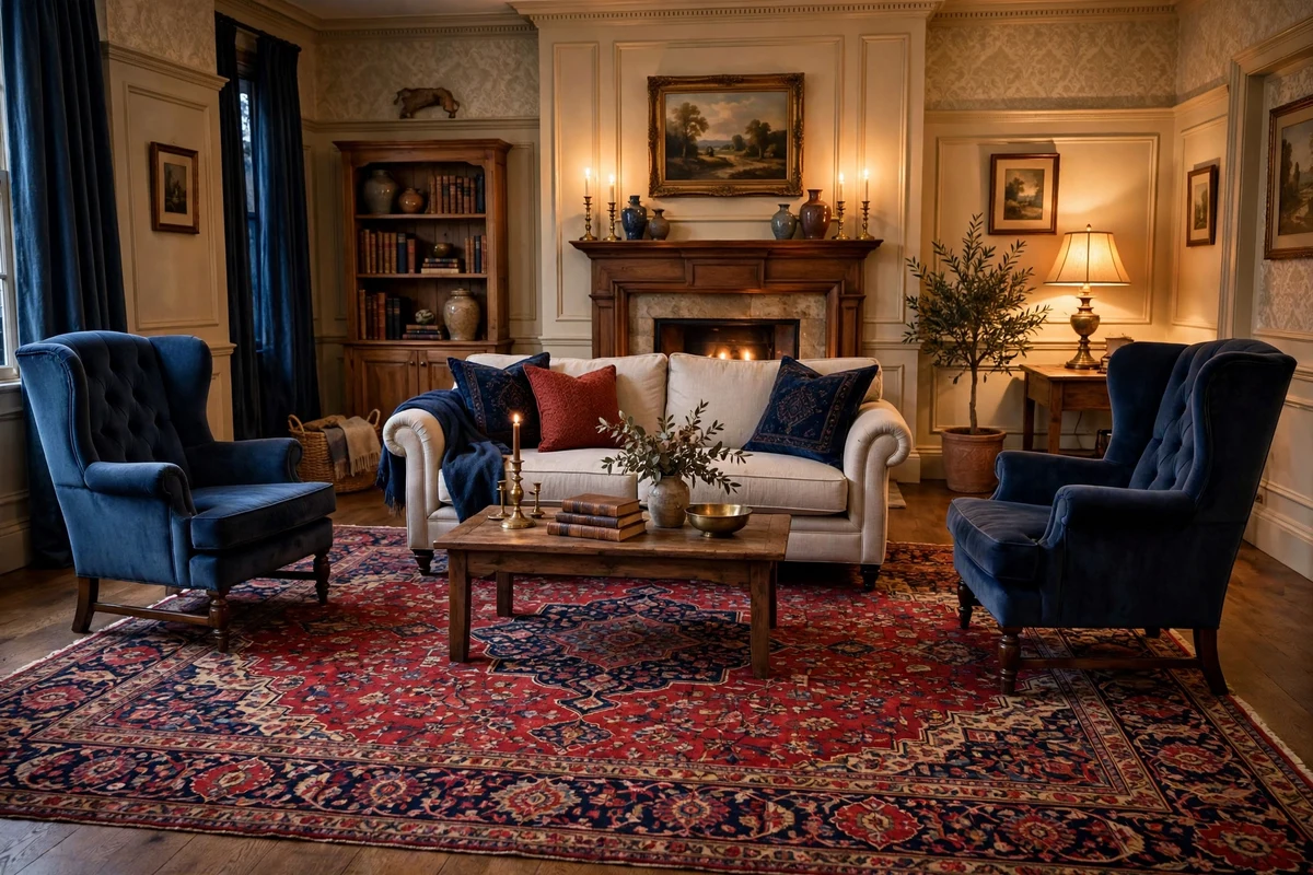 Traditional living room anchored by an oversized Persian rug