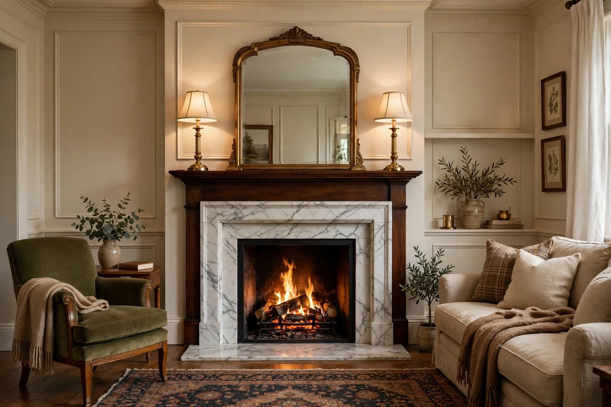 Traditional living room with marble fireplace surround and mantel