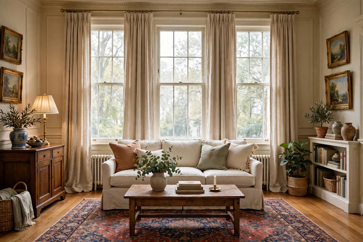 Traditional living room with full-length drapery on tall windows