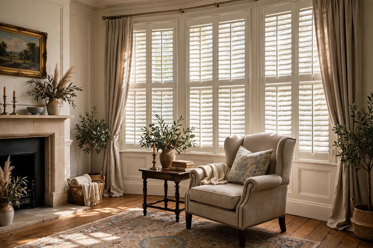 Traditional living room windows with paneled interior shutters