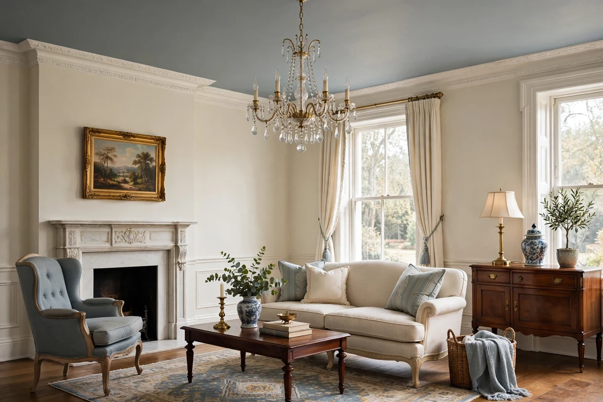 Traditional living room with soft blue painted ceiling