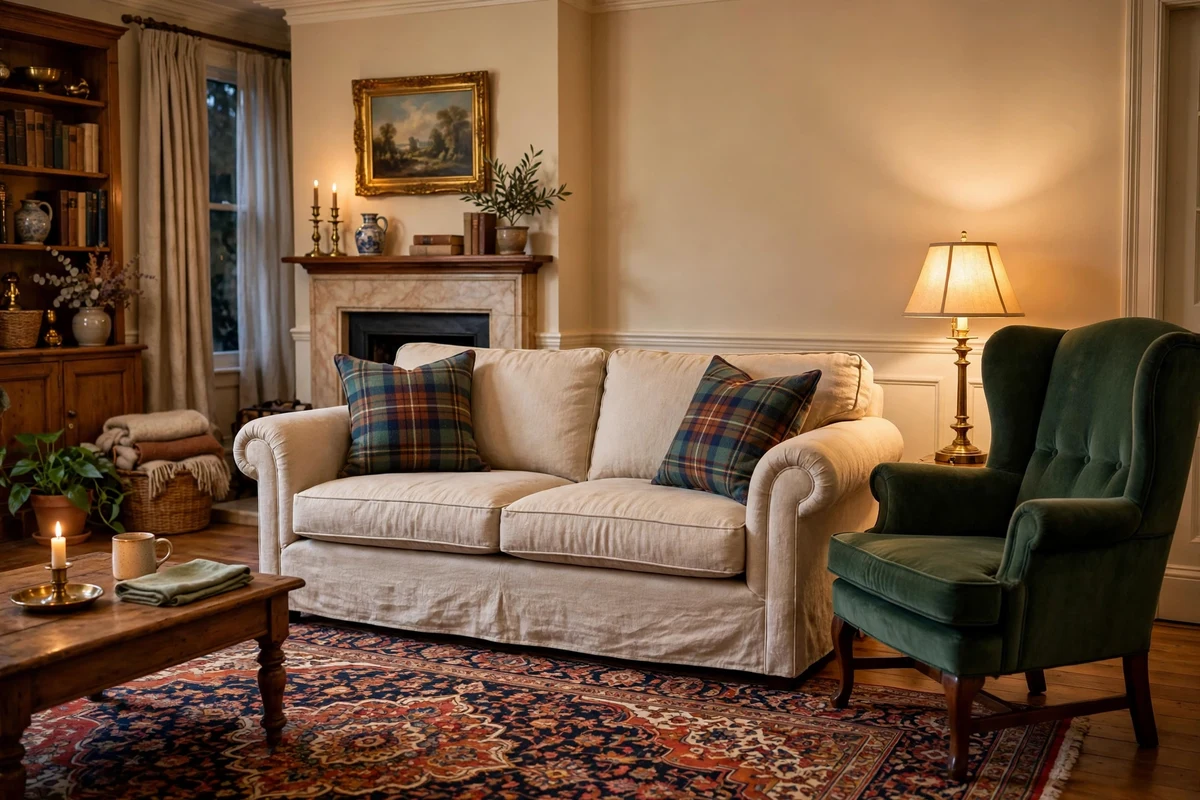 Traditional living room with rolled-arm sofa in neutral linen