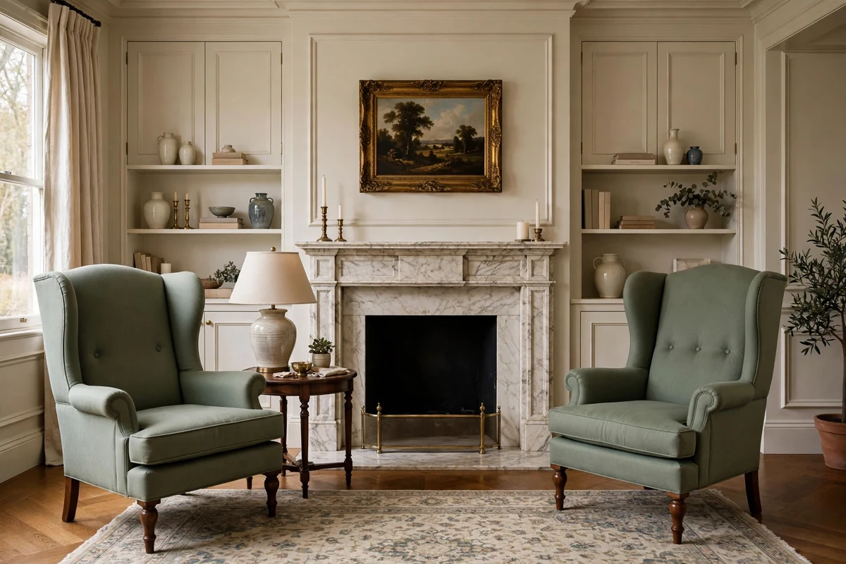 Pair of wingback chairs flanking a fireplace in a traditional living room