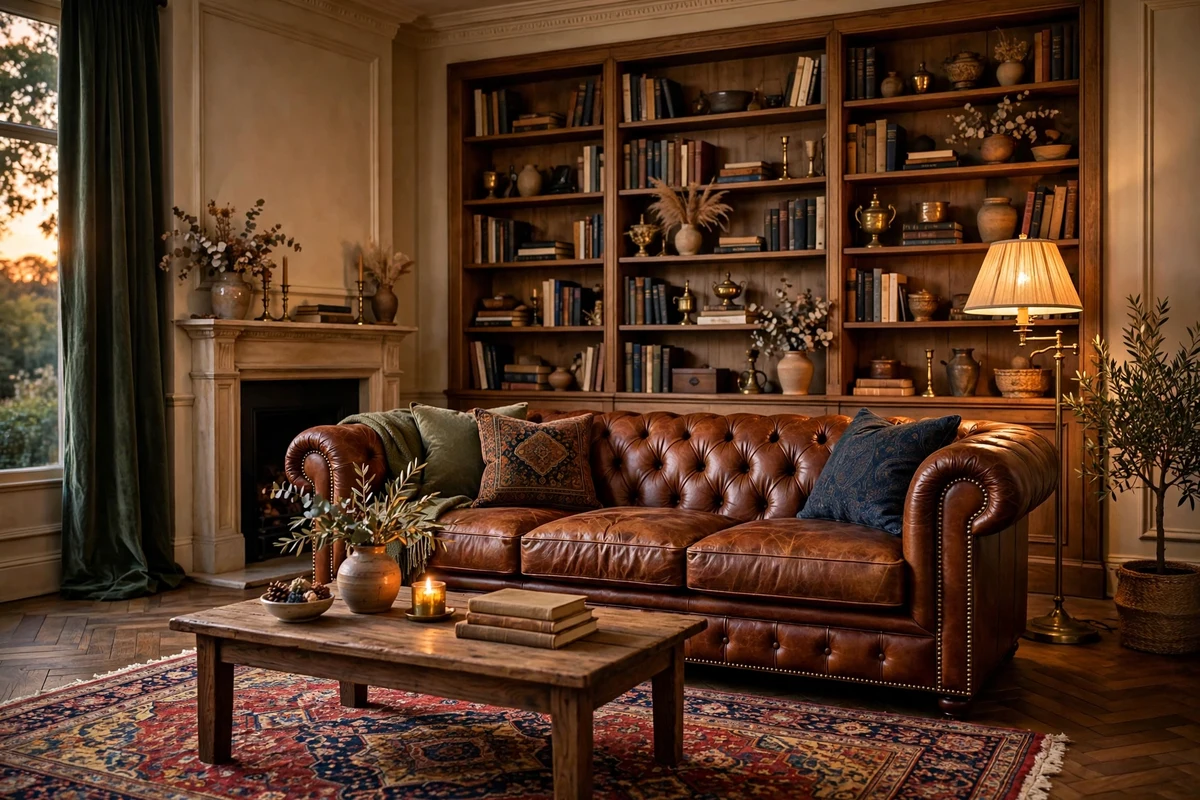 Tufted leather Chesterfield sofa in a traditional living room