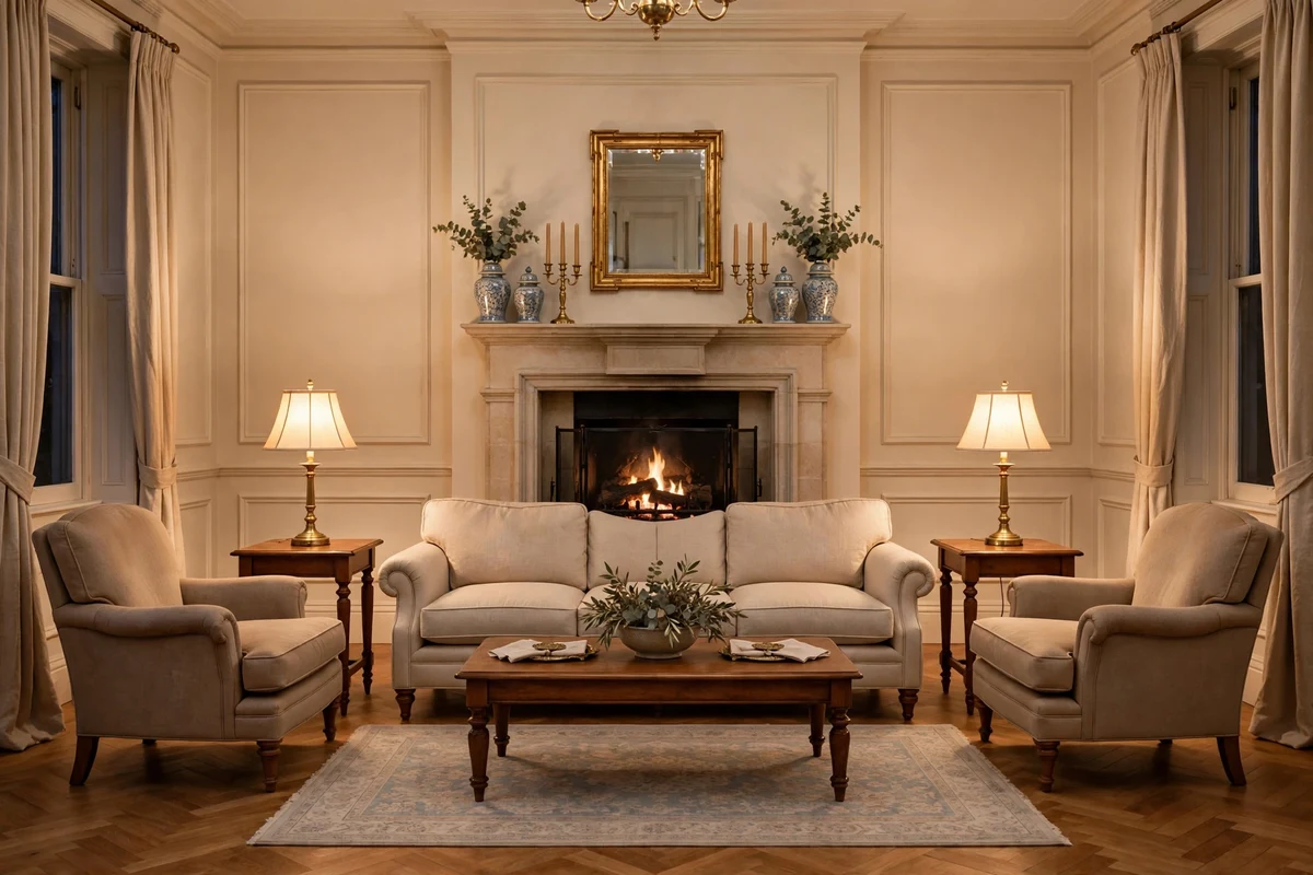 Symmetrical furniture arrangement in a traditional living room