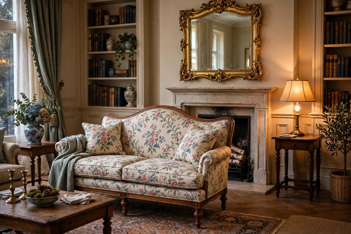Camelback sofa with arched back in a traditional living room