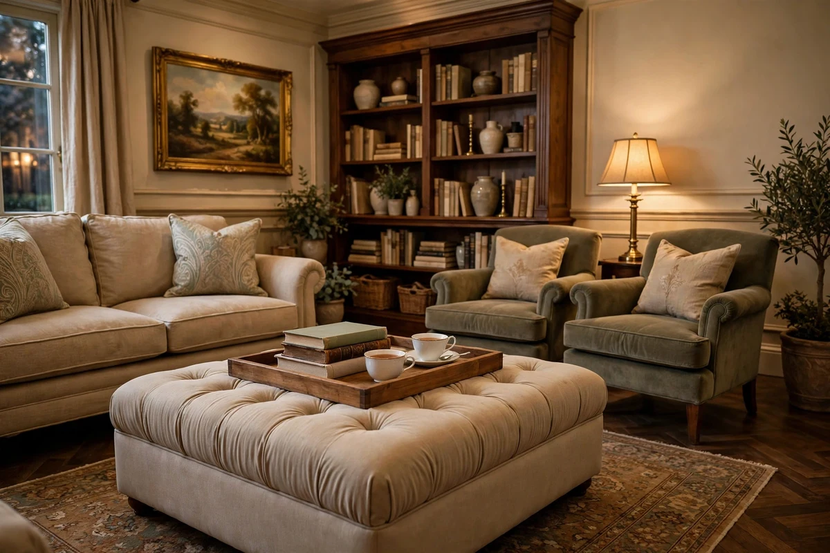 Tufted ottoman coffee table in a traditional living room