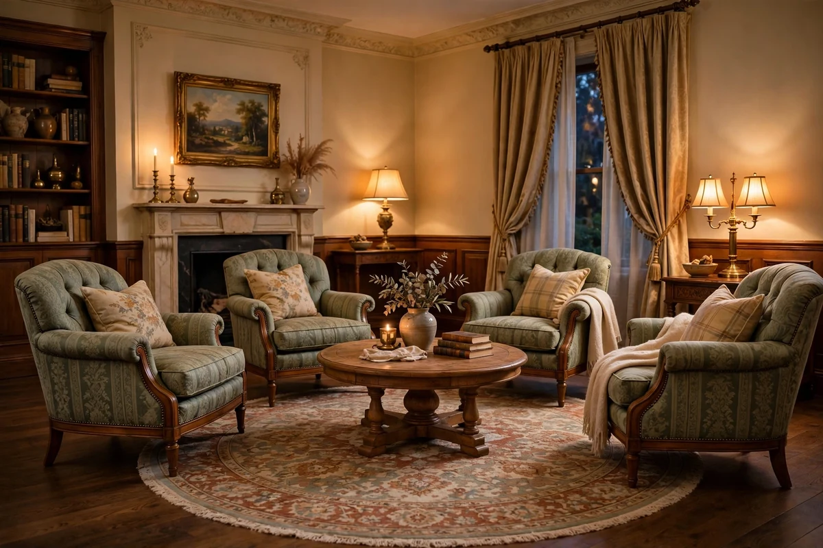 Four armchairs around a table forming a conversation grouping in a traditional living room
