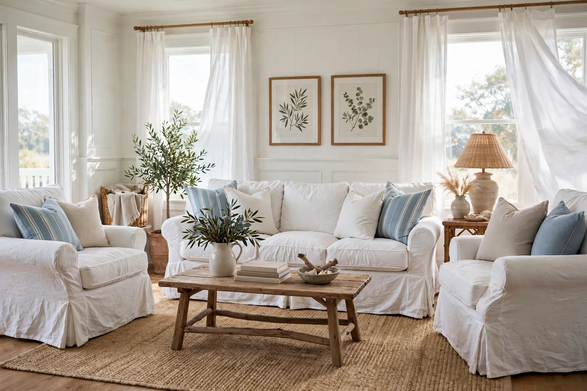 White slipcovered seating in a relaxed traditional living room