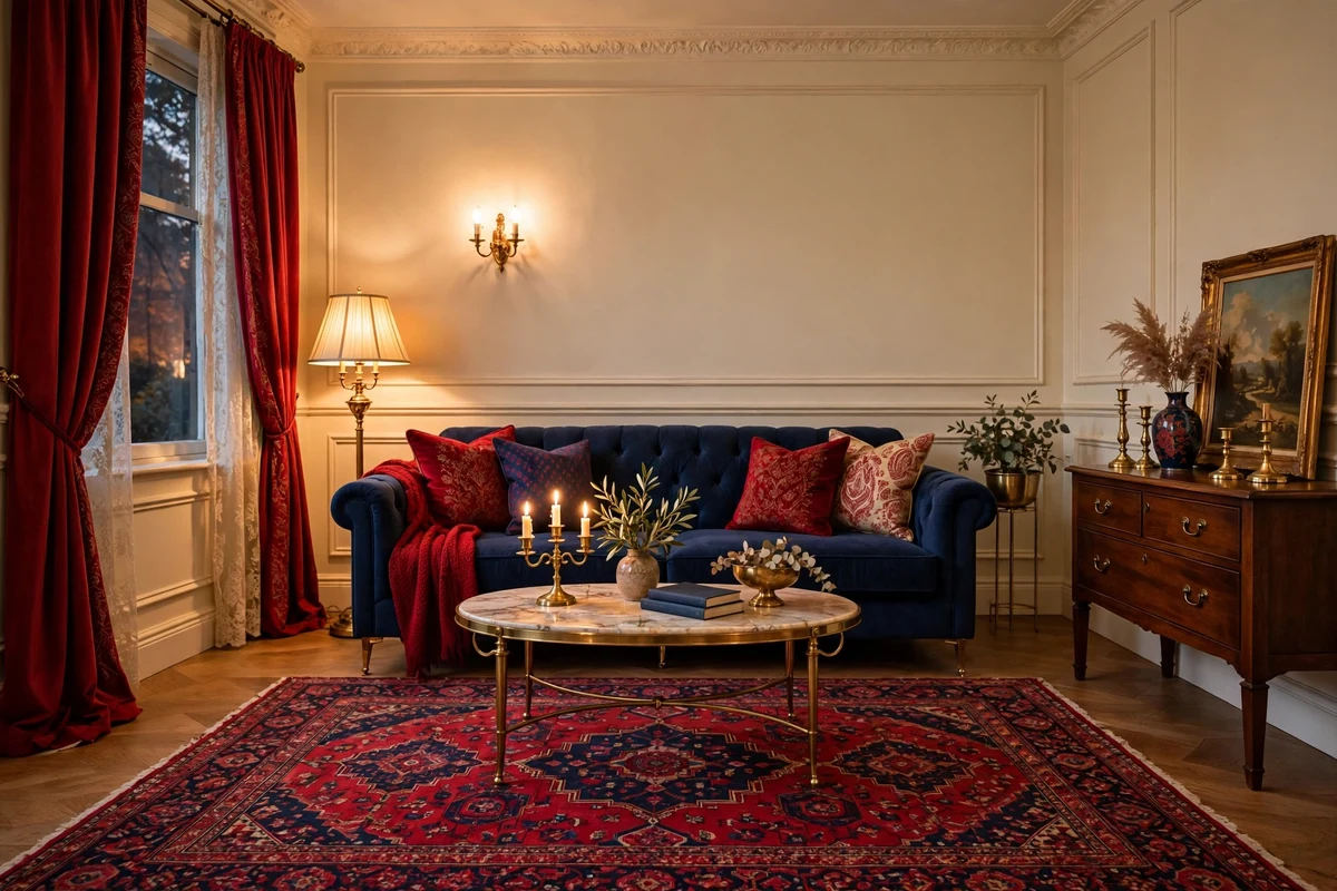 Traditional living room in classic red and blue palette