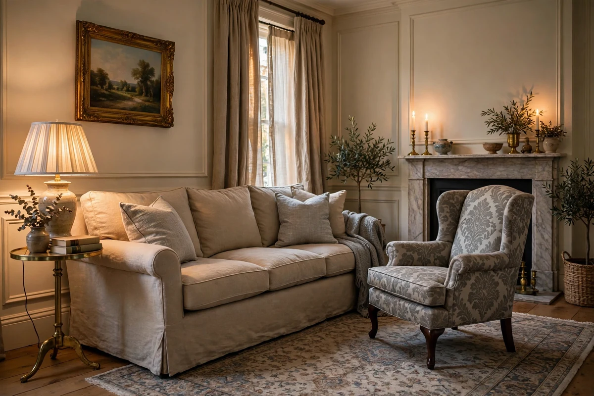 Damask upholstery accents on chairs in a traditional living room